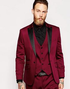 Bourgogne Mens Suits Slim Fit Three Pieces Groomsmen Bröllop Tuxedos För Män Blazers One Button Peaked Lapel Prom Suit (Jacket + Pants + Vest)