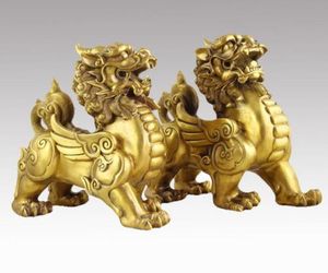 Chiński Czysty Mosiądz Talizman Fengshui Zły Drzwi Fu Foo Dog Lion Bestia Kylin Para