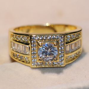 Atemberaubender originaler handgefertigter Luxusschmuck, 10 KT Gelbgold gefüllt, runder weißer Topas, CZ-Diamant, Edelsteine, Herren-Ehering für Liebhaber