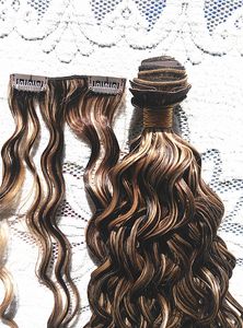 İnsan Bakire Remy Saç Sarışın İnsan saç Brezilyalı Klip # Mix Orta Kahverengi 4 # Saç Atkı İnsan Saç Uzantıları Çift Çizilmiş Tam kafa