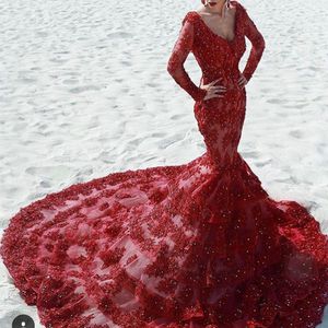 Wholesale transparent lace evening dress sexy for sale - Group buy Mermaid Prom Dresses Deep V Neck Sexy Red Long Transparent Sleeve Lace Appliques Beaded Evening Dresses Chapel Train Formal Dresses