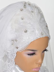 Muslim Bridal Hijab 2018 Beading Rhinestones Pearls Tulle Lace Wedding Veils for Saudi Arabia Brides Custom Made Elbow Length Brid234B