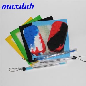 Silicone Oil Wax Dab jar Slicks Tool Kit with 14*11.5 Square Mat Pad 6+1 Containers Jars Titanium Dabber Tools For Wax Dabbing Set