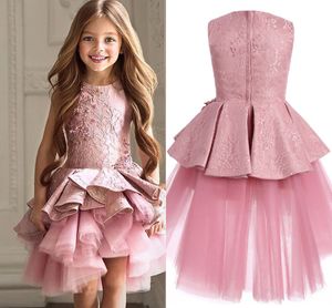 Pink Lace Ruffles Girls Pageant Dresses Applique Beaded Rhinestones Jewel Zipper High Low Flower Girl Dresses For Wedding Toddler Kids Dress