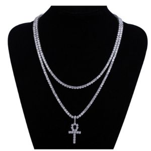 Män Iced Out Micro Pave Cubic Zirconia Cross Ankn Nail Pendant Luxury Bling Bling Simulerad Diamanter 4mm 18inch 20inch Tennis Chain Halsband