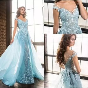 Elie Saab 2020 Abendkleider Arabisch Hellblau Meerjungfrau Sheer Juwel Spitze Applikation Perlen Ballkleider Sweep Zug Kleid für besondere Anlässe