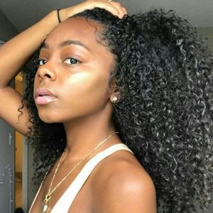 Humano Rabo Cabelo Afro Kinky Curly Enrole com cordão de-cavalo para mulheres negras Africano americano médias Updo peruca Bun com clipes 1B