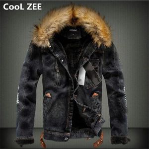 CooL ZEE Herren-Jeansjacke mit Pelzkragen, Retro-zerrissene Fleece-Jeans und Mantel für Herbst und Winter, S-XXXXL