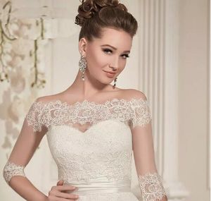 Elegante giacca bolero da sposa in pizzo, collo a barca, maniche a 3/4, applicazioni, giacca da sposa in tulle, maniche ad aletta, accessori da sposa, bottoni rivestiti