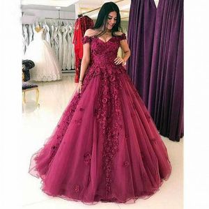 Eleganta Burgundy Evening Dresses 2018 Off Shoulder 3D Flowers Lace Princess Long Ball Gown Prom Klänningar Robe de Soiree