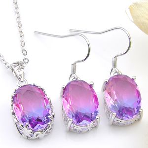Luckyshine Pendants Earrings Sets 925 Sterling Silver Plated Necklace Oval Bi colored Tourmaline For Women Jewelry Sets Anniversary Gift