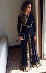 Saudi Arabic Abaya Evening Dresses For Indian Gold Appliques Lace Pakistan Prom Dresses Formal Party Long Sleeve Vintage Boho muslin evening