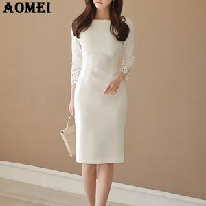 Women White Dresses Office Lady Work Wear Slim Elegant Classy Slim Modest Workwear Female Package Hip Dress Fall Autumn Robes