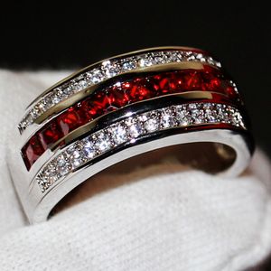 Herren-Modeschmuck, 10 KT Weißgold gefüllt, Princess-Schliff, roter Granat, CZ-Diamant, Edelsteine, Herren-Hochzeits-Verlobungsring als Geschenk für Liebhaber