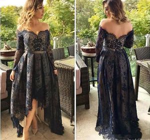 Elegant Long Sleeves Navy Blue Lace Mother Of The Bridde Dresses Off Shoulder A Line High Low Evening Pageant Party Gowns