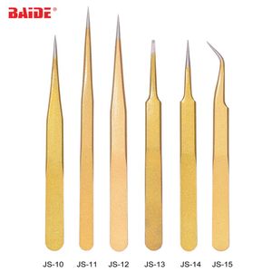 Gold Edelstahl Pinzette JS-10 JS-11 JS-12 JS-13 JS-14 JS-15 für Schönheit Wimpernverlängerungen Nail art Zangen Telefon Reparatur 600 teile/los