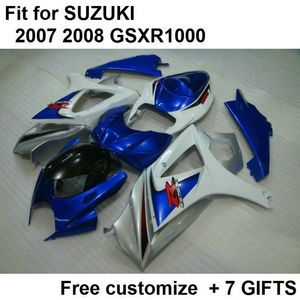 Kostenloser Versand Verkleidungssatz für 07 08 GSXR 1000 Suzuki GSXR1000 2007 GSX-R1000 2008 biue weiße Corona-Karosserieverkleidungen K7 VF12 + Sitzverkleidung