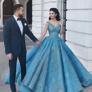 Glamorous Arabia Blue Prom Dresses V-Neck Sequin Beads Appliques Lace Ball Gown Party Dress 2018 Custom Made Fabulous Dubai Evening Dress