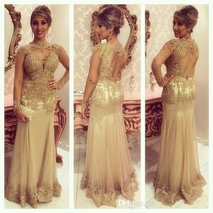 Gold Prom Dresses 2019 Cekiny Aplikacje Linia Długie Rękawy Suknie Wieczorowe Zroszony Backless Piętro Długość Dresses Plus Size Vestido 40