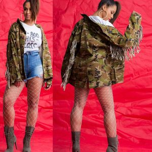 ファッションコート女性の迷彩ラペルネック滝ロングスリーブタッセルシャツジャケットoutwear topsとコットン1064