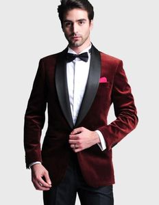 Personalizar vinho de veludo dos homens de casamento smoking noivo padrinhos Blazer Excelente Homens Formal Business Party Suit Prom (Jacket + Pants + BowsTie)