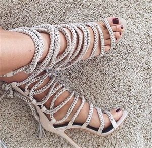 Toe Quality Women Fashion Open Chain Rope Design Thin Gladiator Cut out Straps Cross High Heel Sandals Dress Shoes