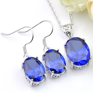 Luckyshien Wholesale Ellipse Crystal Blue Zircon 925 Silver Weddings Jewelry Necklaces Pendant Earrings Sets For Women Free Shipping