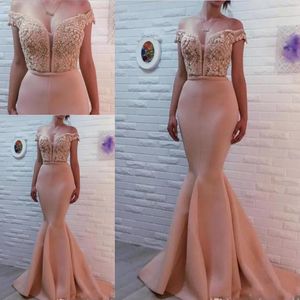 2018 Pink Evening Dresses Off The Shoulder Illusion Lace Appliques Pearls Beaded Mermaid Long Satin Formal Party Dress Celebrity Prom Gowns