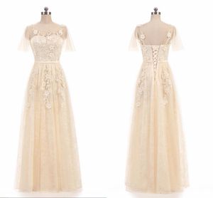 2019 Champagne Boho Short Sleeve Evening Dresses Long Lace Hand Made Flowers Pearls Applique Scoop V Back Lace-up Prom Dress Formal Gowns