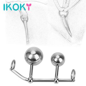 IKOKY Anal Vagina Double Ball Plug Chastity Belts Rope Hook Vagina Massager Butt Plug Stainless Steel Locking Sex Toys for Women Y18110106