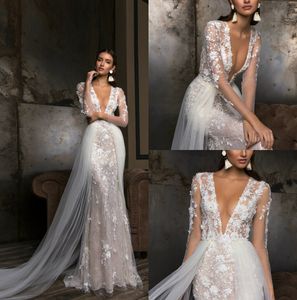 Julie Vino Beach Mermaid Wedding Dresses With Overskirts V Neck Long Sleeve Bridal Gowns Floor Length Lace Appliqued Wedding Dress