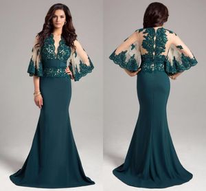 Dubai Dark Arabic Green Mermaid Evening Applique Jewel Neck Sleeves Floor Length Formal Lace Prom Dresses Yousef Aljasmi