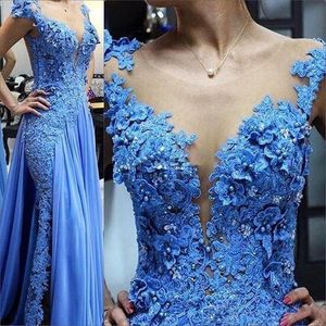 Elegant Blue Lace Mermaid Evening Dresses 3D Applique Beaded Illusion V-Neck Backless Prom Dress Sexy See Through Formal Party Gowns