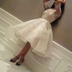New Knee Length Prom Dresses 2019 Jewel Half Sleeve Ball Gown Short Modest Full Lace Arabic Cocktail Party Evening Gowns Cheap Custom Made