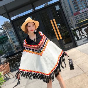 Women's knitted turn down collar ethnic nation geometric aztec print knitted loose mantle cloak poncho top pullover tassel sweaters