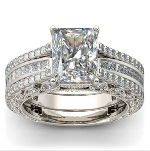 Vintage Jewelry Wedding Rings 925 Sterling Silver Princess Cut White Topaz CZ Diamentowe kamienie szlachetne Wieczność Kobiety Pierścionek zaręczynowy dla nowożeńców Zestaw dla kochanka Prezent