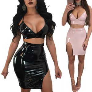 PU Deri Seksi Gece Parti Elbiseler Moda Derin V Yaka Kolsuz Kılıf 2 Parça Set Elbise Kadınlar Clubwear Bandaj Sıska Vestidos Bandaj