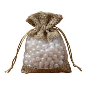 10x14cm spets jute burlap väska med transparent pvc fönster smycken pärlor dragsko påse bröllop presentpåse