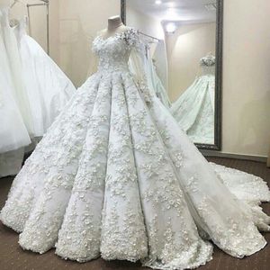 Encantador 3D Floral Vestidos De Casamento Jewel Neck Lace Applique Manga Comprida vestido de Baile Vestido de Noiva Fabuloso Arábia Saudita Plus Size Vestidos de Casamento