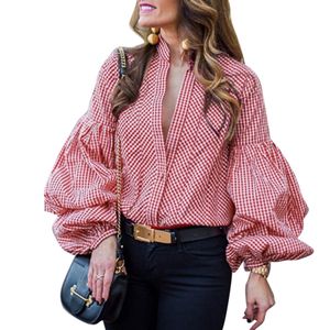 Neue Design Puff Sleeve Plaid Bluse Tops Frauen Langarm V-ausschnitt Lose Shirts Elegante Damen Blusen Casual Femme Vintage blusa