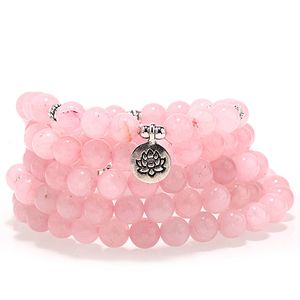 Top Sale 108 Pink Natural Stone Mala Bracelet Women Yoga Jewelry Buddhist Chakra Necklace Heart Yoga Lotus Bracelet