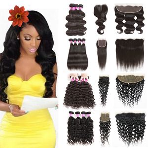 10a klasy Human Virgin Hair Remy Wiązki Prosto ciała Deep Water Wave Z Koronką Zamknięcie Frontal Pre plucked Dla Black Women przednia Weave Rozszerzenia Wątek Kinky Curly