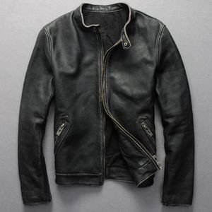 Vintage genuine leather jacket men black cowskin short simple motorcycle jacket men's thin leather coat chaqueta cuero hombre