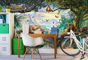 papel de parede Seamless large-scale mural 3D Custom Photo mural Wallpaper Green forest stream water waterfall animal world children's room