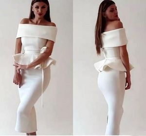 Simple Off Shoulder Ivory Evening Dresses Sheath Tea Length Short Evening Gown Saudi Arabic Cocktail Gowns Prom Dress