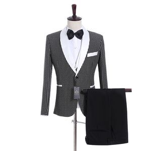 Smoking da sposo punto bianco nero con spacco laterale con bottoni dello sposo giacca da uomo di alta qualità da uomo d'affari (giacca + pantaloni + cravatta + gilet) 420