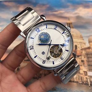 Luxury Mens Wristwatches Business Watches Män Flywheel Moon Phase Sub-Dials Arbeta Mekanisk Automatisk Vattentät Manlig Klocka För Man Julklappar Montres de Luxe