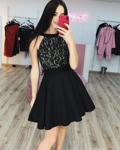Sexy Black Lace Short Cocktail Prom Party Dresses Halter Backless A line Satin Mini Homecoming Graduation Dress Cheap New