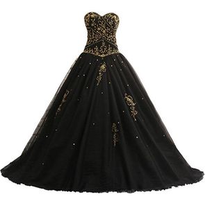 Gothic Black Ball Gown Bröllopsklänningar med Guld Broderi Korsett Lace-up Tillbaka Princess Vintage Non White Färgglada Bridal Gowns Custom Made