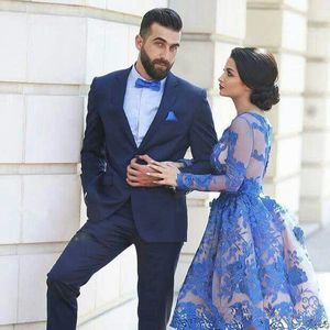 Superior Quality Royal Blue Evening Dresses Long Sleeves Knee-length 3D Floral Appliques Formal Gowns Arab Dresses HY00866